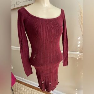 New Forever 21 Burgundy Maroon Ripped Sweater Dress casual long sleeve dress red